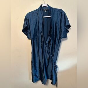 AYR Wrap Robe Dress Teal Satin Tie Waist Collar Short Sleeve‎ Mini Size Small